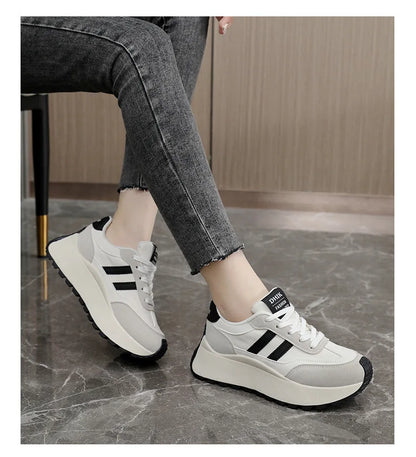 Spring Thick Bottom Women's Shoes – 2024 Summer Casual Patchwork Leather Sneakers, Vulcanized Casual Shoes for Ladies (Chaussure Femme)