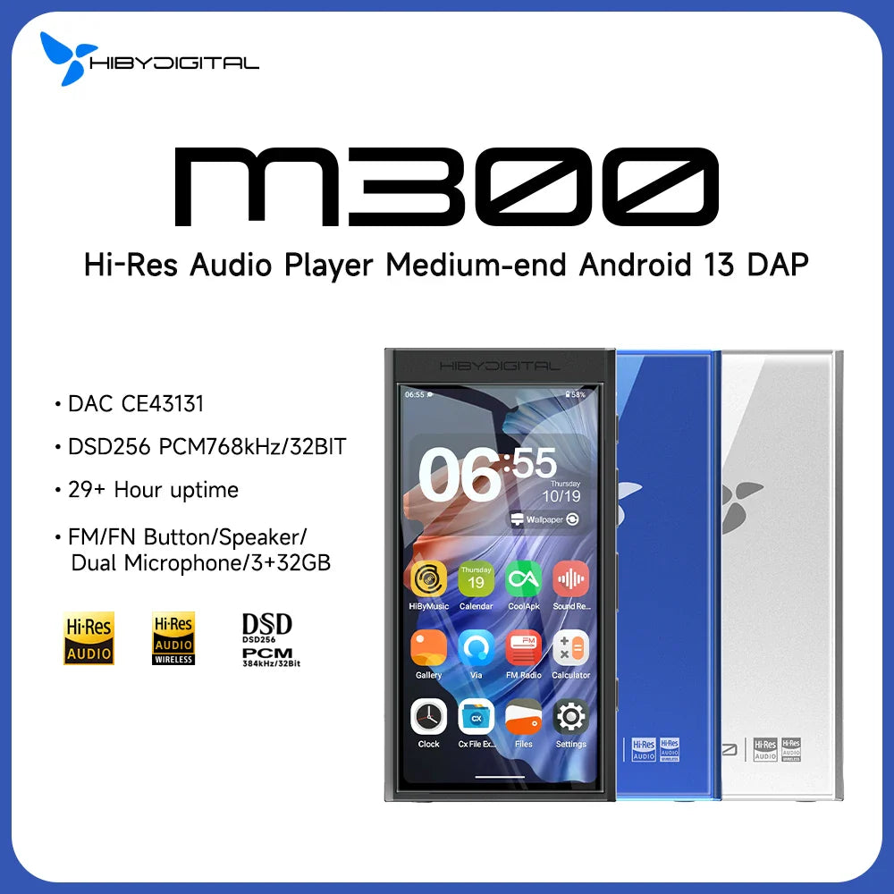 HiBy Digital M300 Android 13 Music Player - MP3, HiFi Audio, Bluetooth, WiFi, USB DAC, DSD, FM Radio, Dual Mic, Built-in Speaker, 29hr Battery