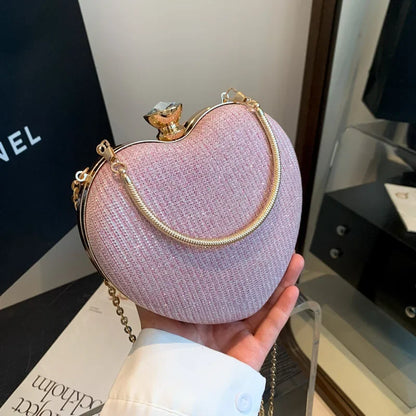 Shiny Heart Shape Metal Evening Clutch Bag - Fashion Chain Shoulder Crossbody Bag for Women, Luxury Lady Purse