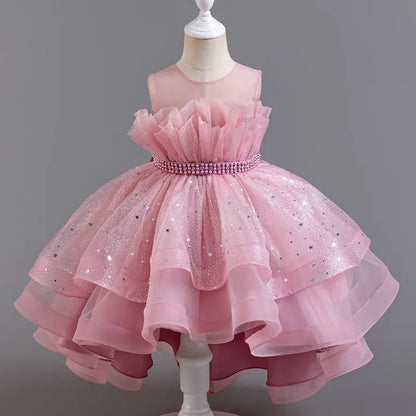 Lace Mesh Girls’ Party Dress - Sleeveless Solid Color Summer Evening Dress for Ages 3–12