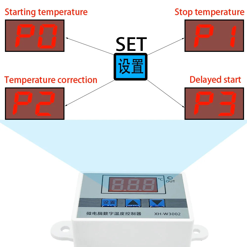 W3002 Digital LED Temperature Controller - 12V/24V/110V/220V, 10A Thermostat Regulator XH-3002