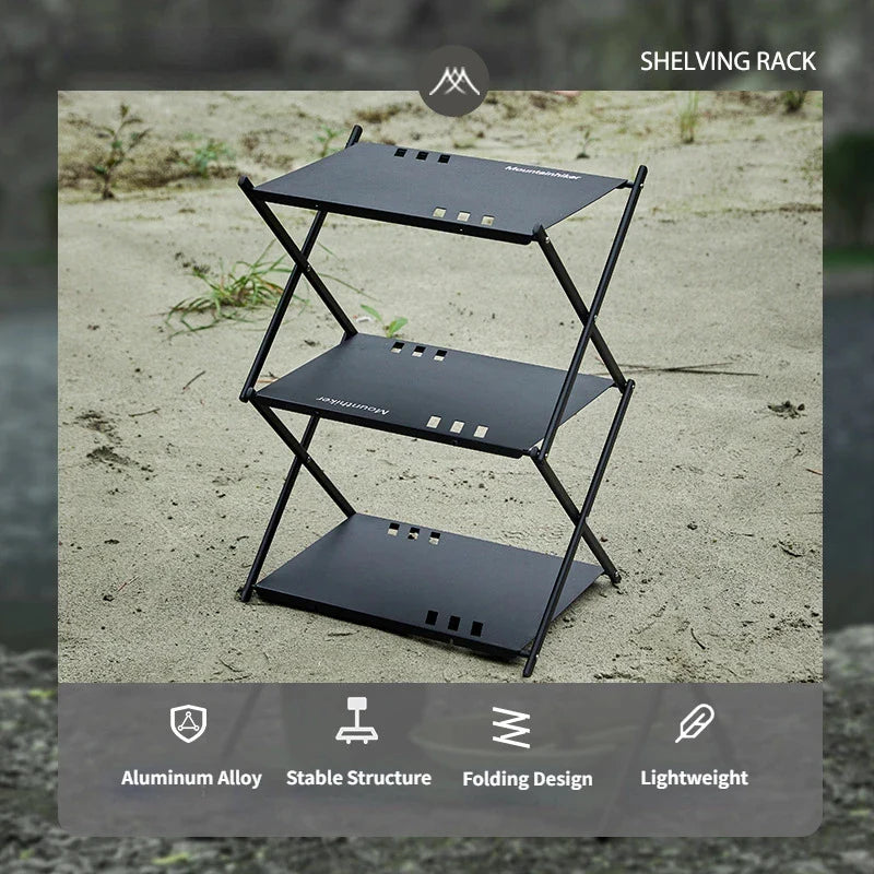 MOUNTAINHIKER Three-Tier Folding Rack – Portable Outdoor Storage Shelf for Camping, Picnic, BBQ & Garden Use