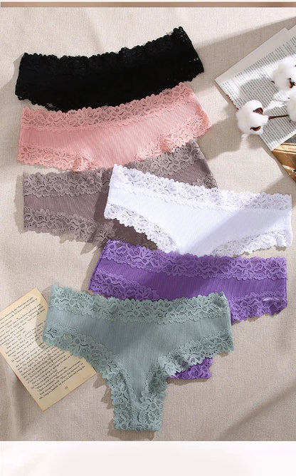 3PCS Lace Seamless Cotton Panties - Ribbed Brazilian Low Waist, Breathable Women’s Underwear, Plus Size Lingerie