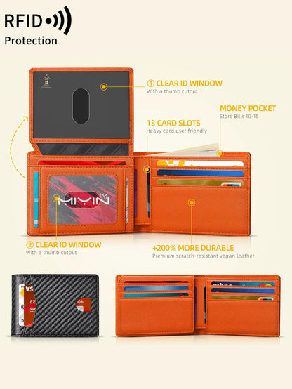 Carbon Fiber Minimalist Trifold Wallet for Men — Ultra-Thin RFID Wallet with ID Window, 13 Card Slots & Coin Holder