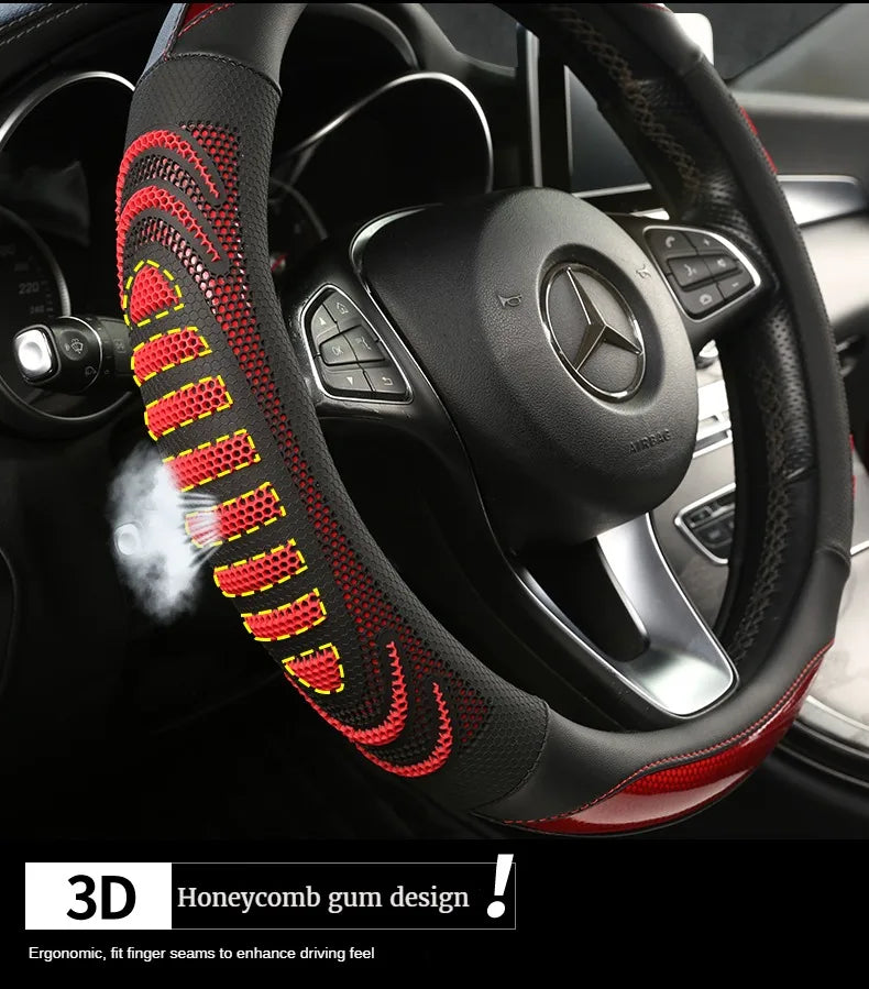 3D Honeycomb Leather Steering Wheel Cover – Durable Anti-Slip Universal Fit for 14.5-15 Inch Wheels
