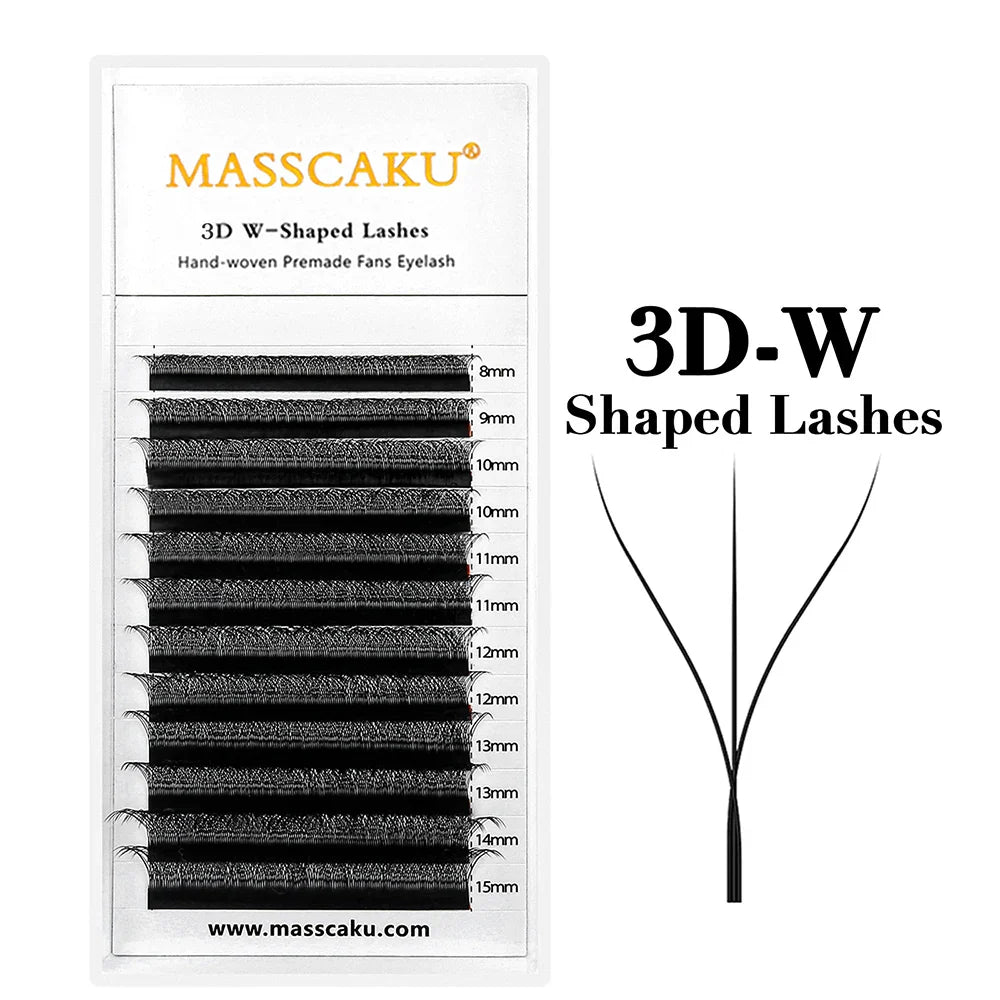 MASSCAKU 12 Lines Premium Mink 3D–6D W Shape Pre-Made Lash Extensions – Soft Natural False Eyelash Extension Supplies