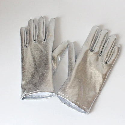 Gold Silver Metallic Faux Leather Short Gloves – Sexy Wet Look Party, Evening & Performance Mittens Handwear
