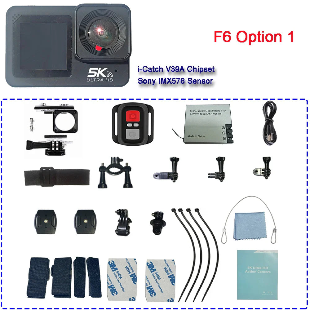 F6W Action Camera — 5K/4K60FPS, 48MP, 2.2" Touch LCD, EIS, Dual Screen, Wi-Fi, 170° Waterproof 30M, 8X Zoom Sports Camera with Wireless Mic
