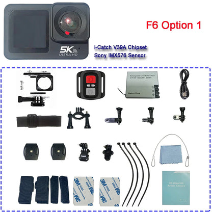 F6W Action Camera — 5K/4K60FPS, 48MP, 2.2" Touch LCD, EIS, Dual Screen, Wi-Fi, 170° Waterproof 30M, 8X Zoom Sports Camera with Wireless Mic