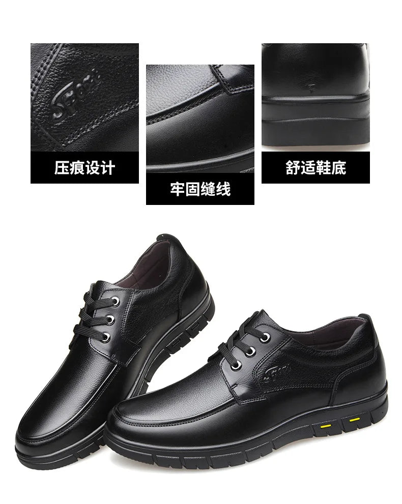 Men's Genuine Leather Casual Shoes - Soft Sole Lace-Up Loafers, Luxury Brand for Middle-Aged & Older Adults, Lightweight Dad Shoes