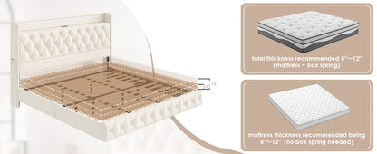 Floating Queen Size Bed Frame – Modern Upholstered Platform Bed with LED Lights, USB Charging Headboard & Velvet Fabric