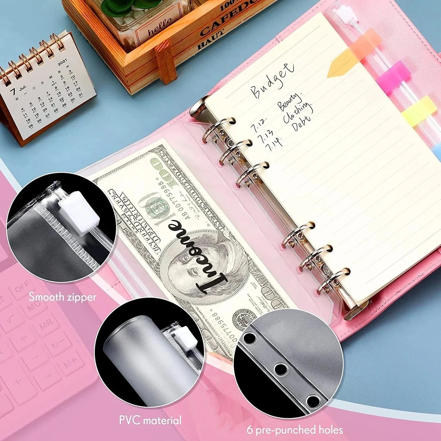 2023 Budget Planner – A7 Cash Envelope Savings Binder with 6 Holes for Financial Management, Loose-Leaf Notebook Organizer