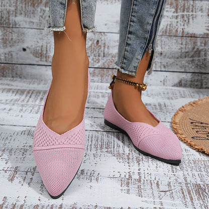Women’s Pointed Toe Flat Shoes – Solid Color Knitted Slip-On Ballet Loafers, Casual & Breathable Ladies Shoes