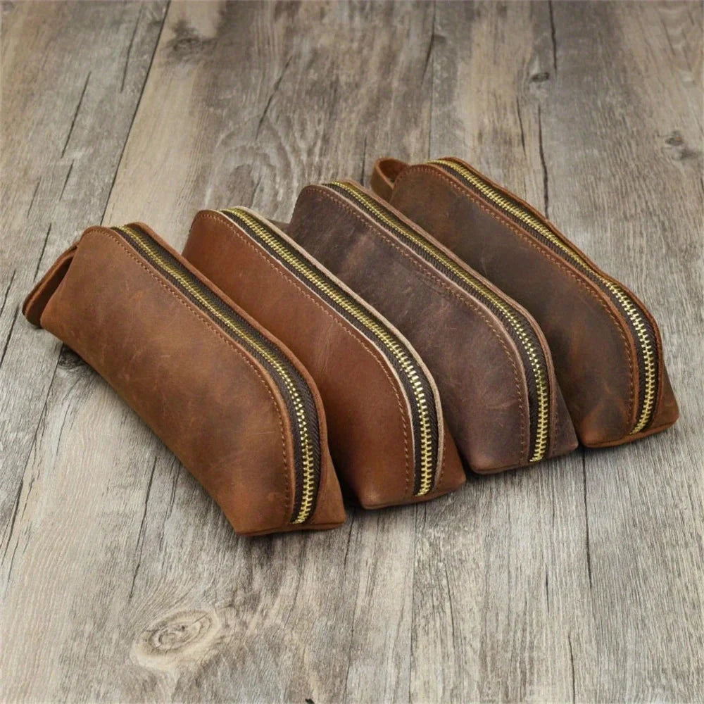 Vintage Leather Pencil Bag – Simple Zipper Pen Case & Stationery Holder Pouch for School Supplies, Glasses & Storage