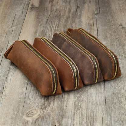Vintage Leather Pencil Bag – Simple Zipper Pen Case & Stationery Holder Pouch for School Supplies, Glasses & Storage
