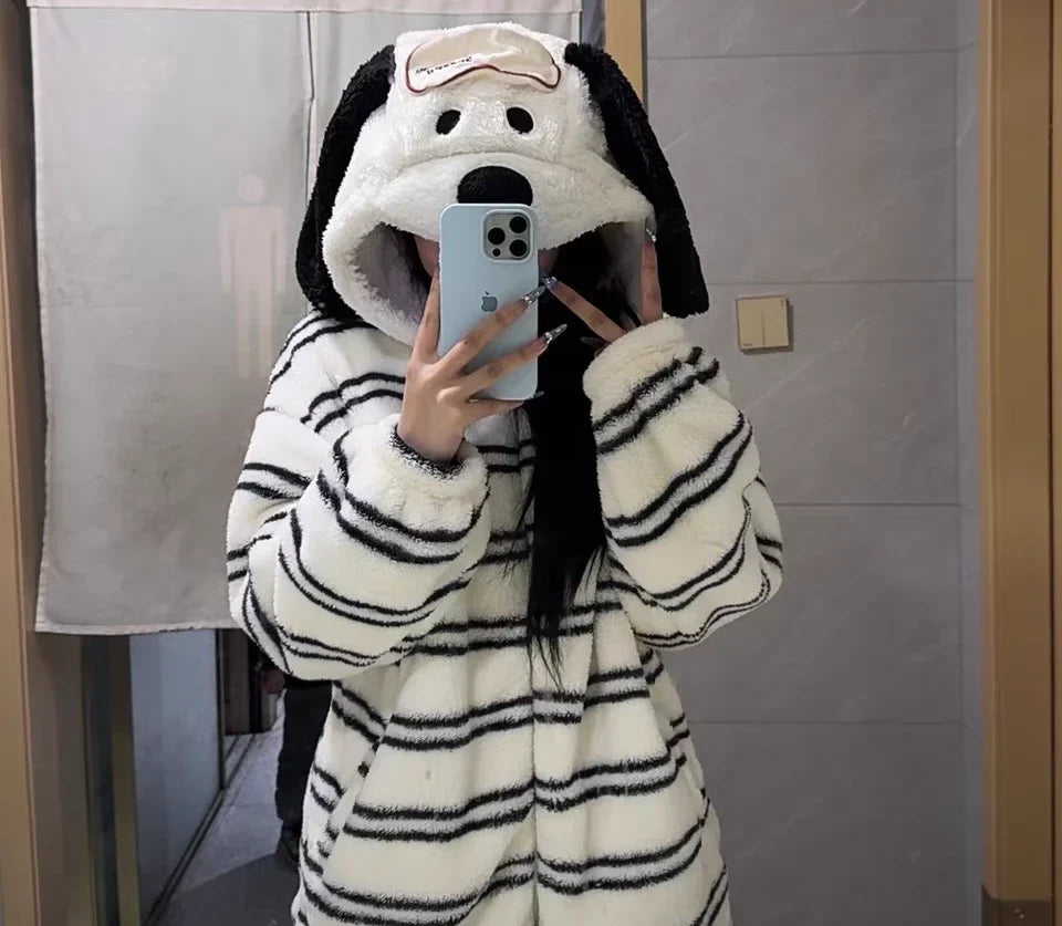 Halloween Snoopy Flannel Pajamas – Hooded Kawaii Anime Cartoon Pajamas for Kids & Adults, Cozy Autumn Homewear