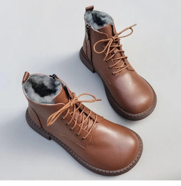Careaymade 100% Genuine Leather Wide Casual Women’s Short Boots – Big Size, Handmade Men’s Wool Boots