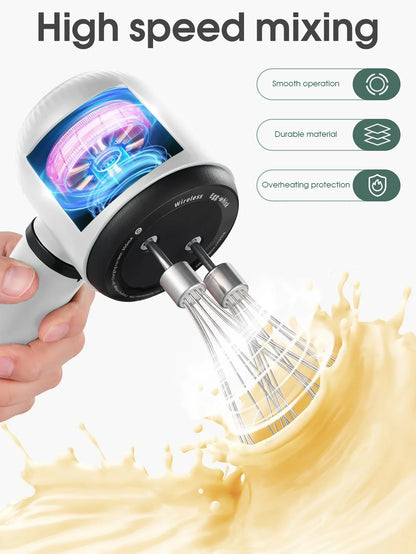 USB Rechargeable Electric Hand Blender — Wireless Portable 3-Speed Hand Whisk with 2 Attachments for Baking, Milk & Cream
