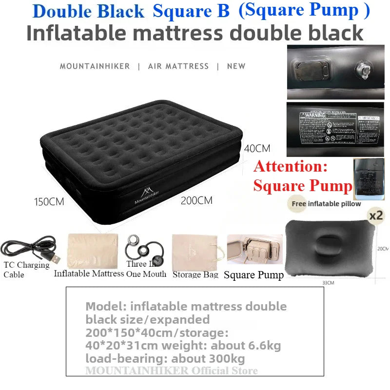 MOUNTAINHIKER 2025 Inflatable Air Mattress – PVC Camping Bed Mat for 1-3 Persons, Built-in Pump Glamping Sleeping Mat