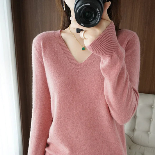 New Women’s Cashmere V-Neck Pullover – Lace Hollow Out Long Sleeve Knitted Sweater for Fall & Winter