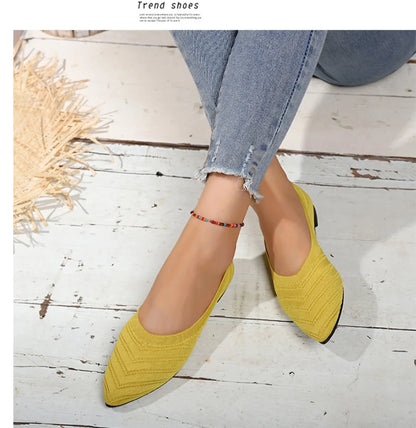 Women’s Solid Color Pointed Toe Knitted Slip-On Flats – Casual Breathable Ballet Loafers