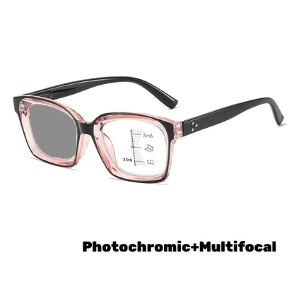 Photochromic Multifocal Reading Glasses – Ultralight Progressive Square Frame Anti-UV Presbyopia Eyewear for Men & Women