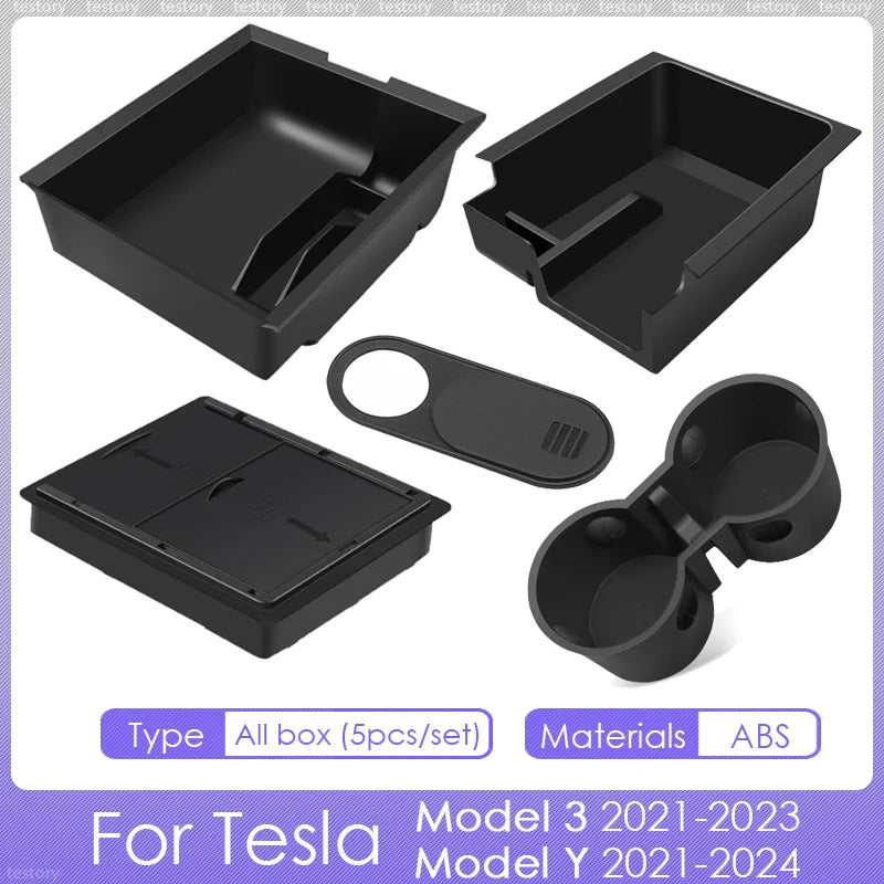 Tesla Model Y/3 Center Console Storage Box – Hidden Organizer Tray & Webcam Cover (2021–2024 Accessories)