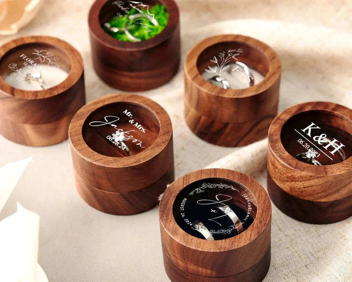 Custom Logo Wooden Ring Box – Engraved Walnut Wood Wedding & Engagement Box with Name & Date