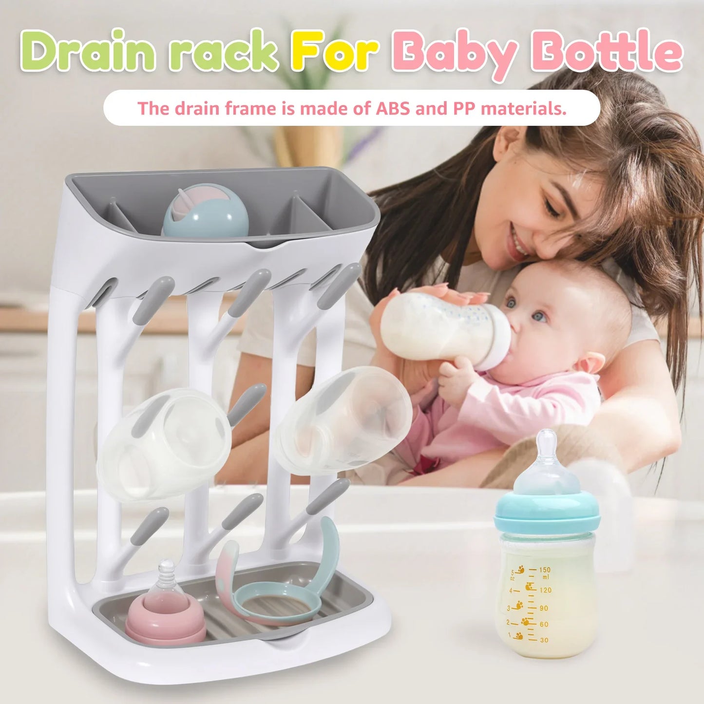 Baby Bottle Drying Rack - Space-Saving Countertop Holder with Detachable Tray Organizer
