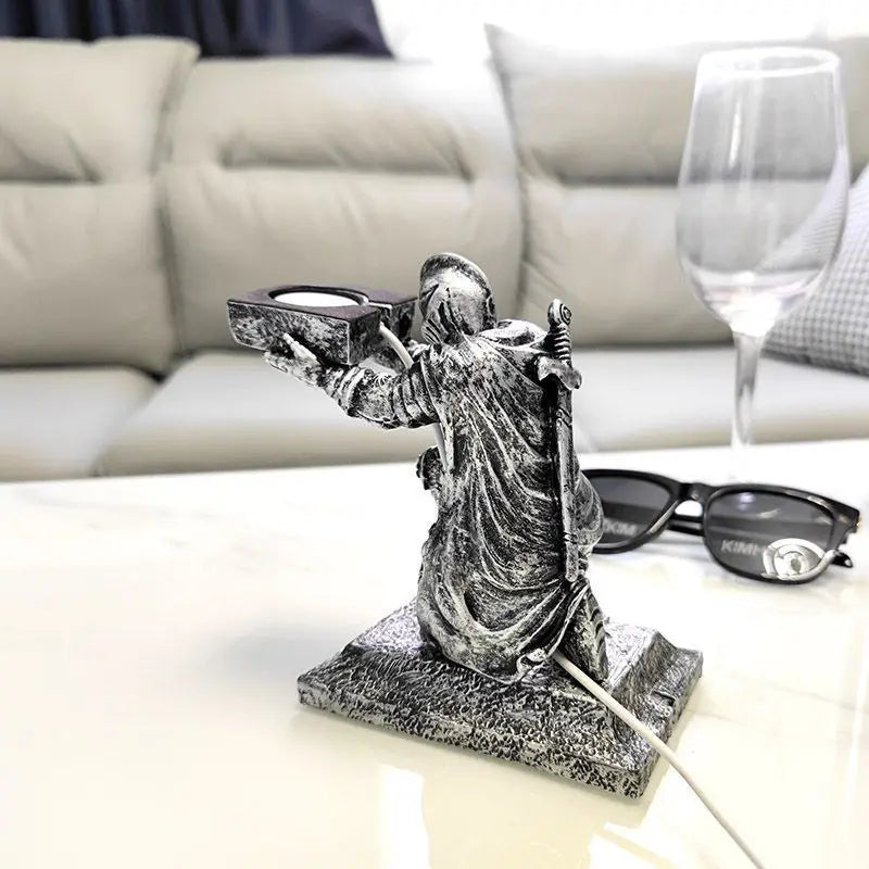 Apple Watch Charging Dock Stand – Cartoon Desktop Smartwatch Holder with Black Warrior Figurine Support