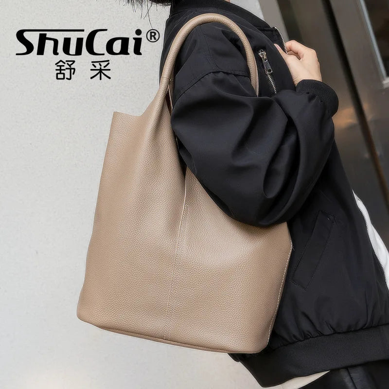 Genuine Leather Women’s Commuter Tote Bag — Soft Cowhide Shoulder Handbag, Large Capacity Bucket Bag, 2025 New