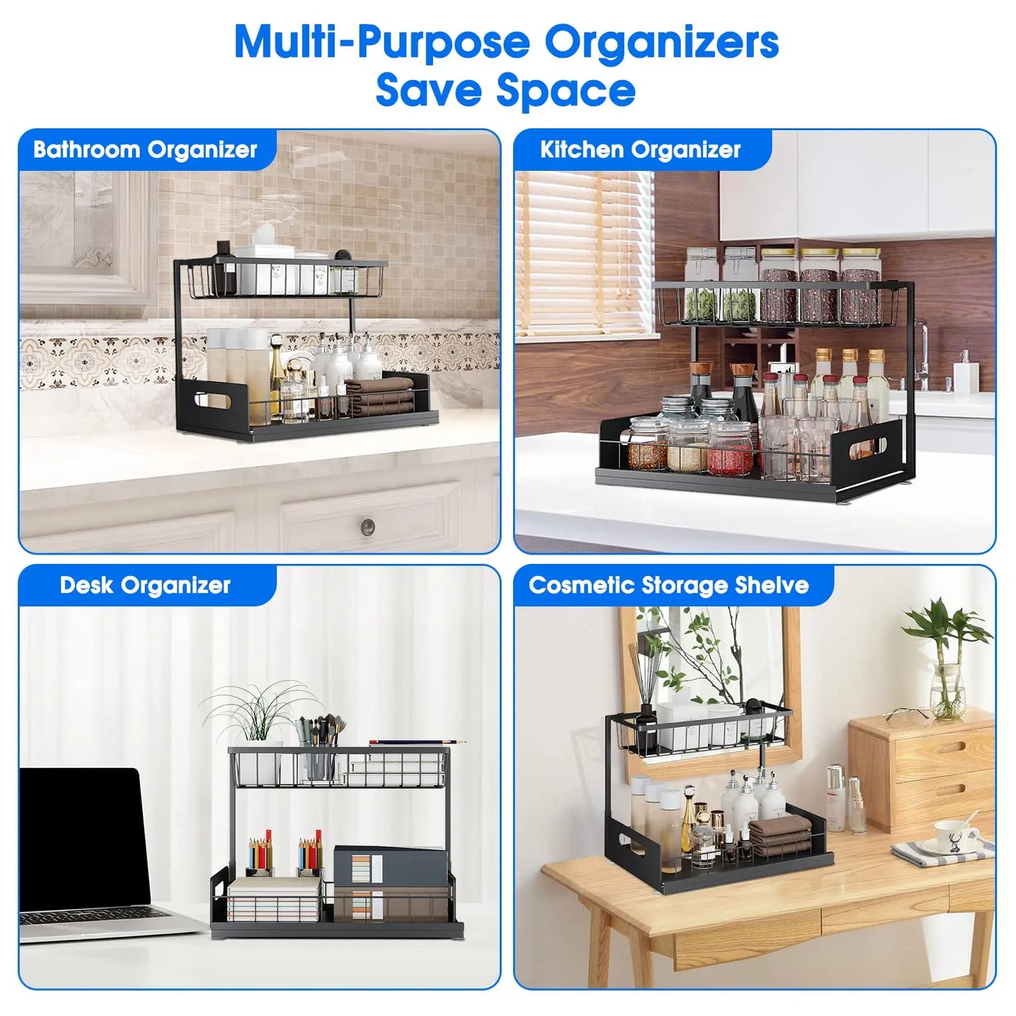 Under Sink 2-Tier Sliding Cabinet Organizer — Pull-Out Basket Drawer for Bathroom & Kitchen Storage