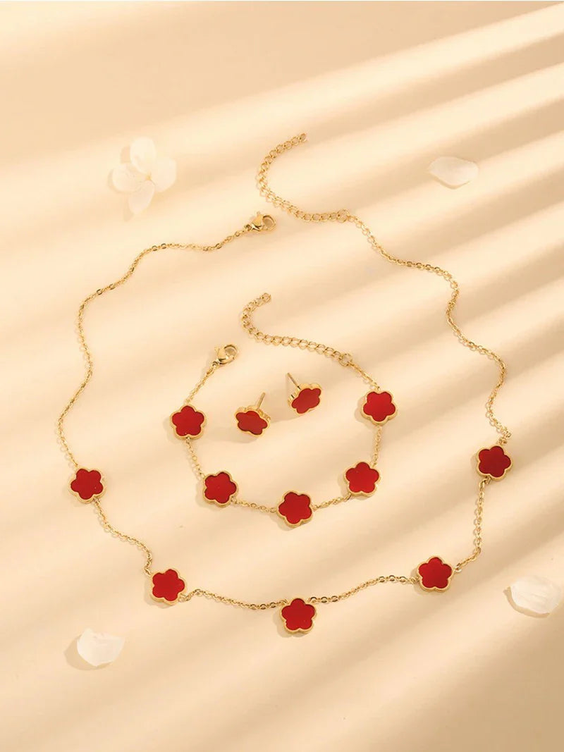 Lucky Five-Petal Flower & Clover Bracelet, Earrings, Necklace Set – Stylish Women's Party Jewelry Accessories