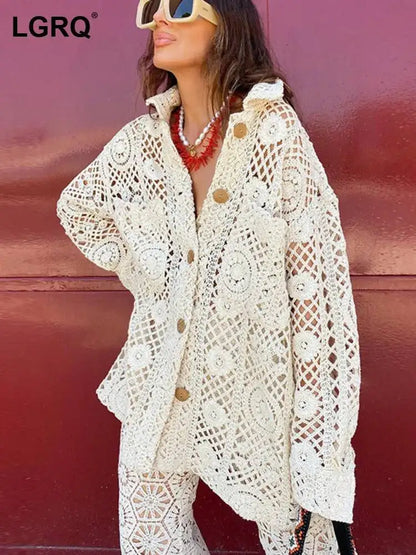 LGRQ 2025 Women’s Spring & Summer Lace Hollow-Out Shirt – Turn-Down Collar, Full Sleeve, Single-Breasted Fashion Top