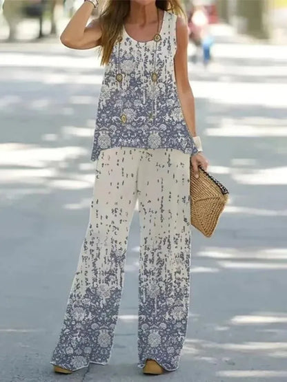 Women Printed 2-Piece Summer Suit Set – Sleeveless Round Neck Top & Wide Leg Pants Casual Loose Fit Outfit
