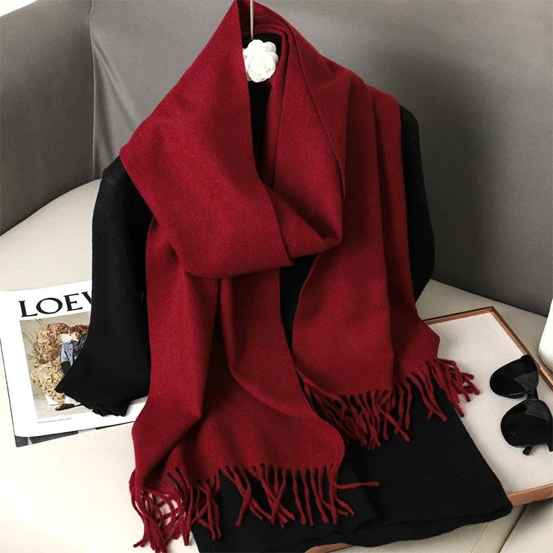 62-Color Solid Women’s Winter Scarf — Thick Warm Cashmere Pashmina Shawl with Tassels, Outdoor Luxury Wrap, Windproof Fashion Scarf