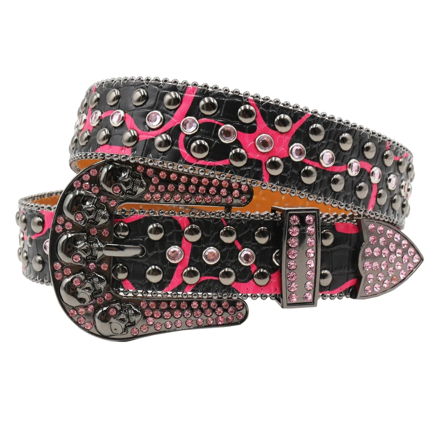 Women’s Rhinestone Skull Leather Belt – Luxury Designer Studded Strap for Jeans, White & Black