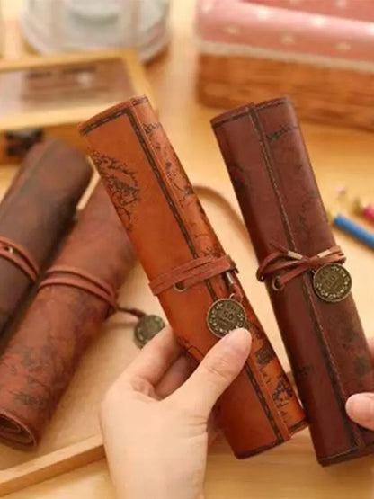 Creative Retro Leather Pencil Case – Large Capacity Roll-Up Bag with Embossed Treasure Map & Buckle Closure