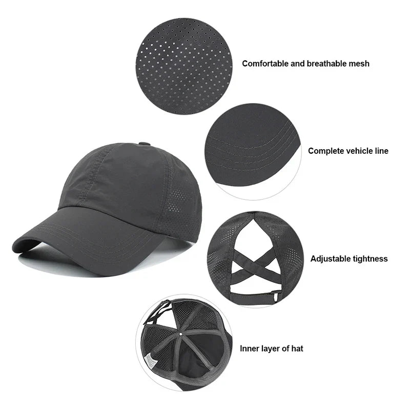 Summer Solid Color Baseball Cap – Quick-Drying Mesh Golf & Sports Hat for Women, Cross Ponytail Design, Men's Peaked Cap