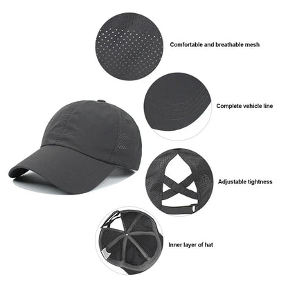 Summer Solid Color Baseball Cap – Quick-Drying Mesh Golf & Sports Hat for Women, Cross Ponytail Design, Men's Peaked Cap