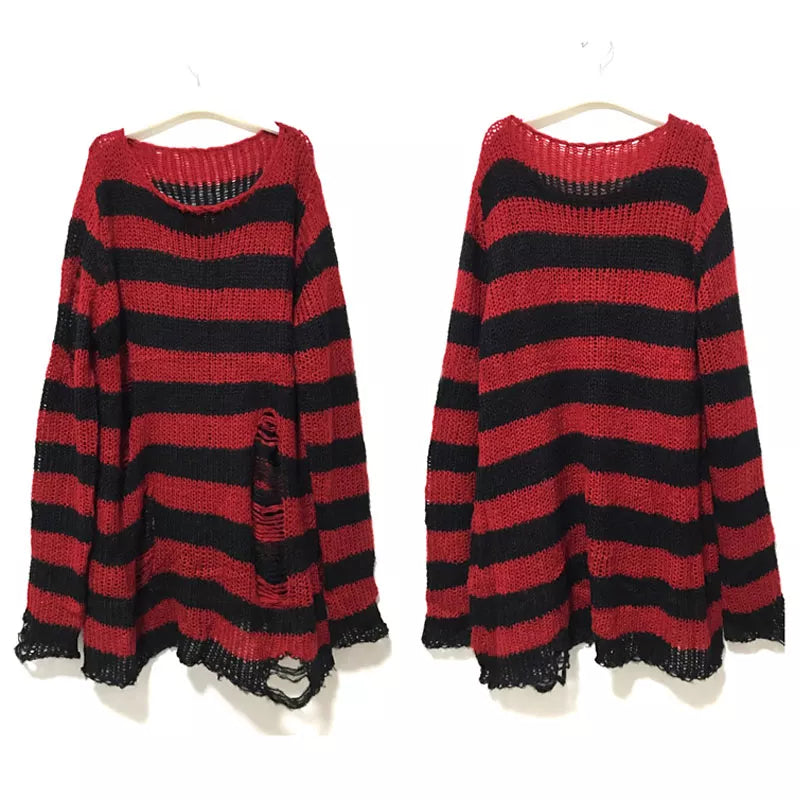 New Punk Gothic Long Unisex Sweater - Summer Striped Hollow Out Jumper, Loose Rock Thin Top for Women, Dark Streetwear