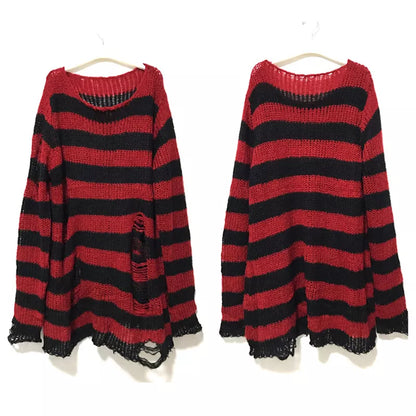 New Punk Gothic Long Unisex Sweater - Summer Striped Hollow Out Jumper, Loose Rock Thin Top for Women, Dark Streetwear