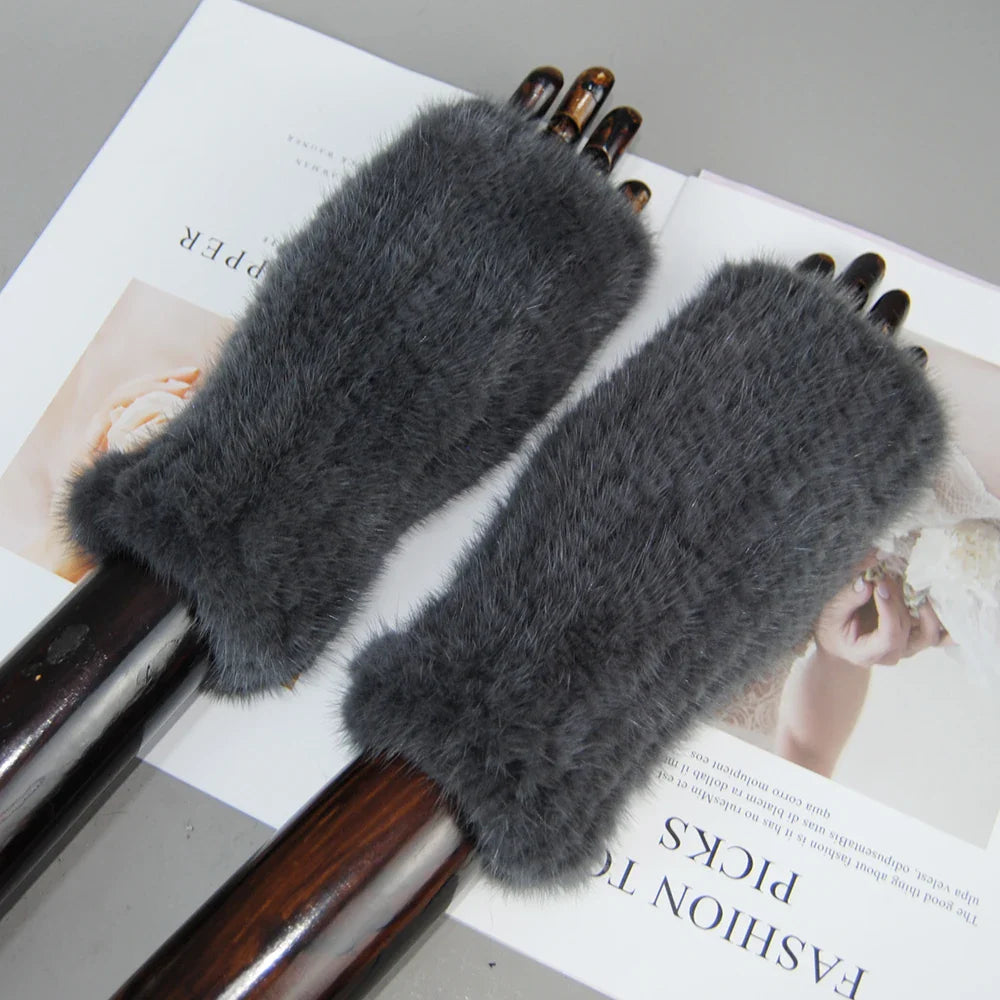 Women’s Winter Mink Fur Gloves – 100% Natural Fingerless Knitted Mittens for Warmth