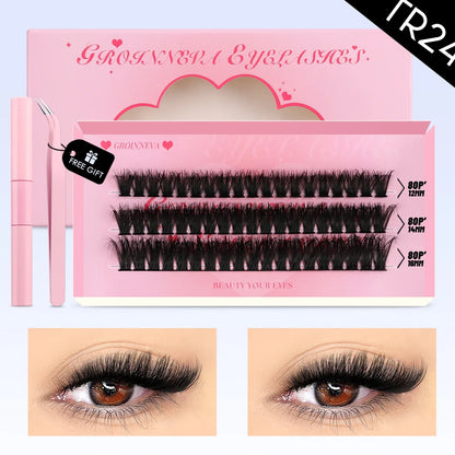 GROINNEYA DIY Mixed Lash Clusters Set – Fluffy Individual Lash Extensions Kit with Bond & Seal for At-Home Makeup