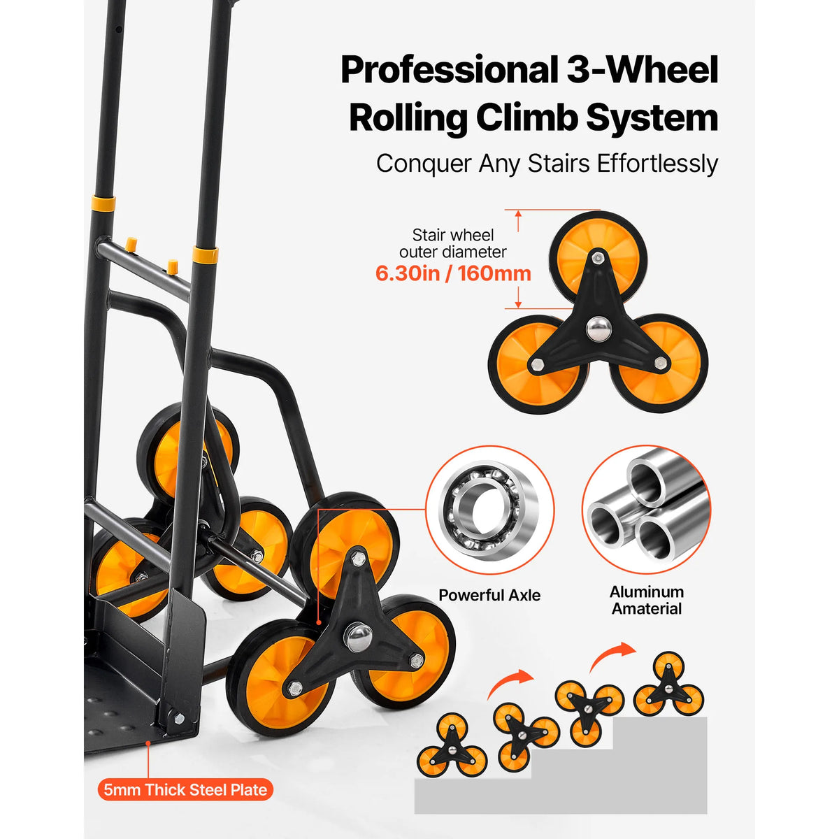 Stair Climbing Cart - Folding 6-Wheel Grocery Trolley with Telescoping Handle & Bungee Cords