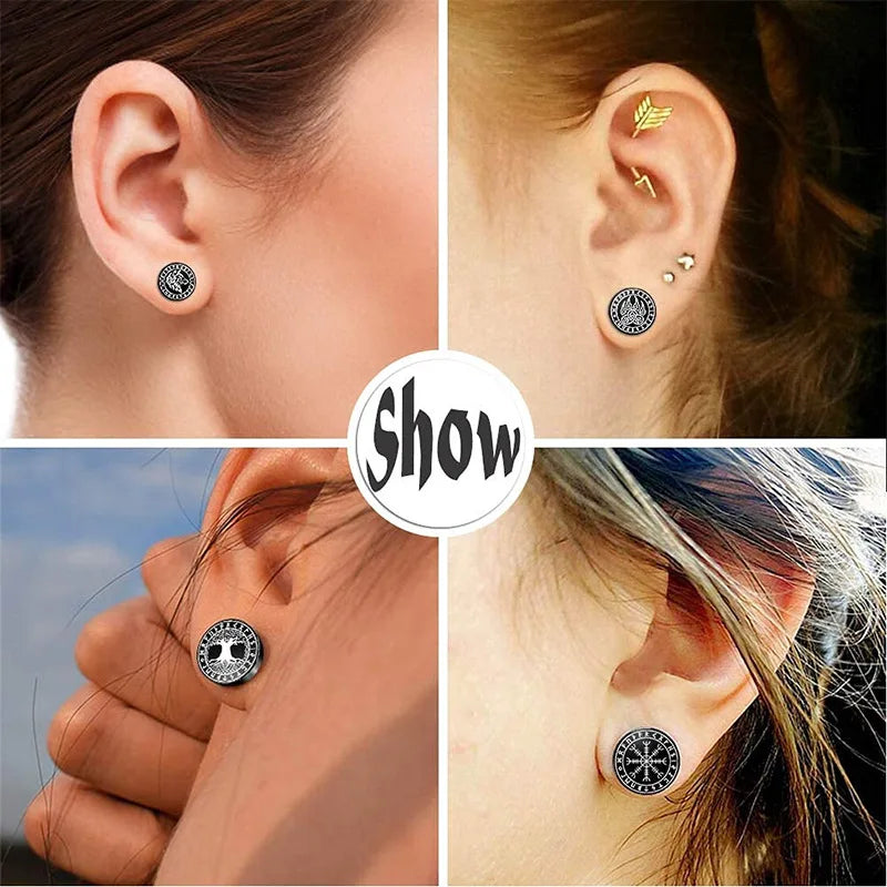 1 Pair 18G Viking Rune Round Stud Earrings — 316L Stainless Steel Cartilage, Tragus & Helix Piercing Jewelry for Men & Women