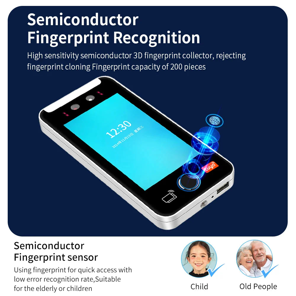 Asia Teco 5-Inch Face Recognition Access Control – WiFi TCP/IP Attendance Machine with Tuya App & Fingerprint Scanner