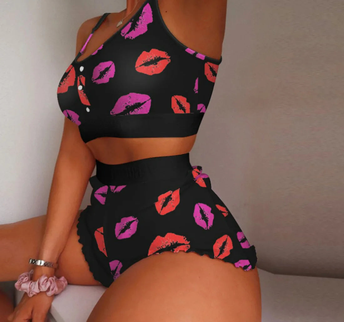 Women’s 2-Piece Pajama Set – Printed Camisole & Shorts Loungewear Sleepwear Nightwear Sexy Homewear Outfit