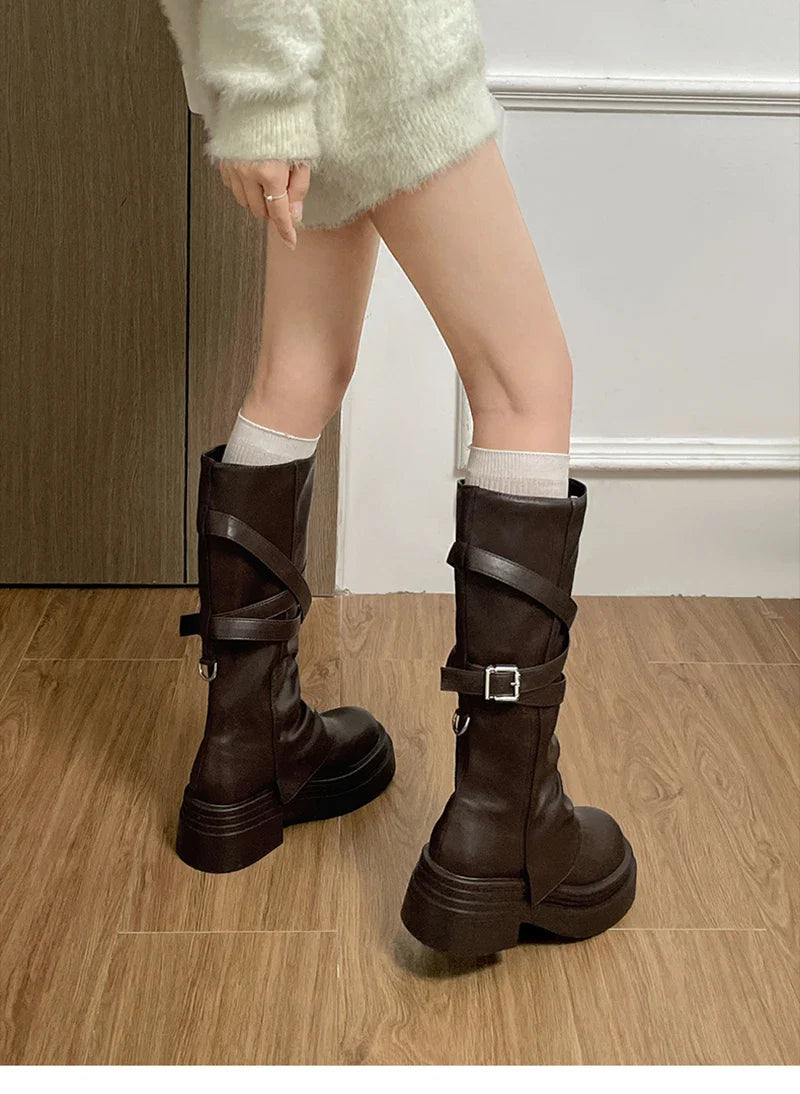 Vintage Thick Heel Women’s Knee-High Boots – Slip-On Fashion Booties for Autumn & Winter