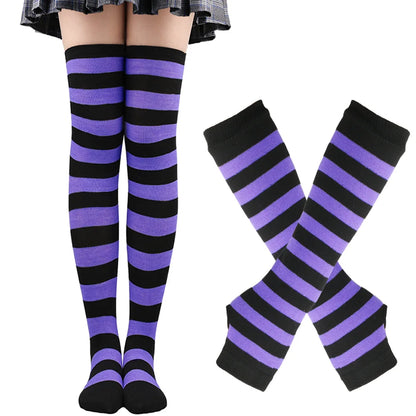 Women & Girls Over Knee Long Stripe Printed Thigh High Cotton Socks – Cute Plus Size Arm Sleeve Gloves & Overknee Socks
